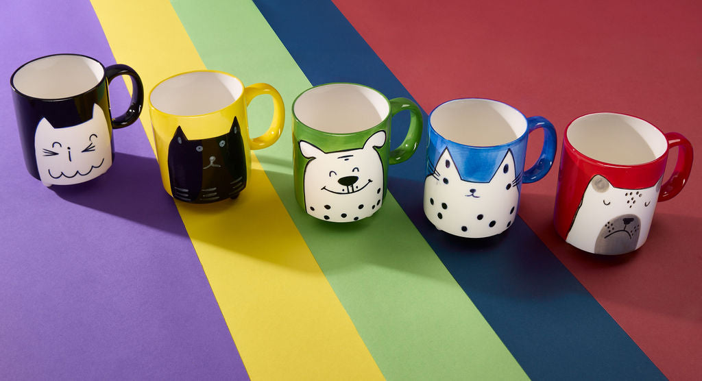 Hand painted red mug with dog illustration