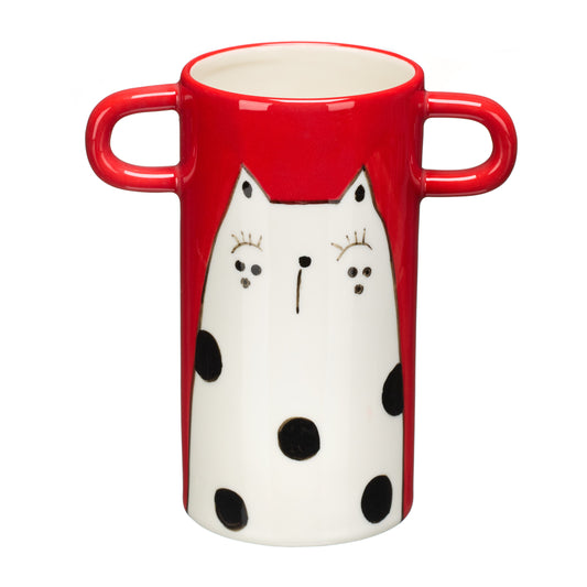Handmade red vase with cat illustration