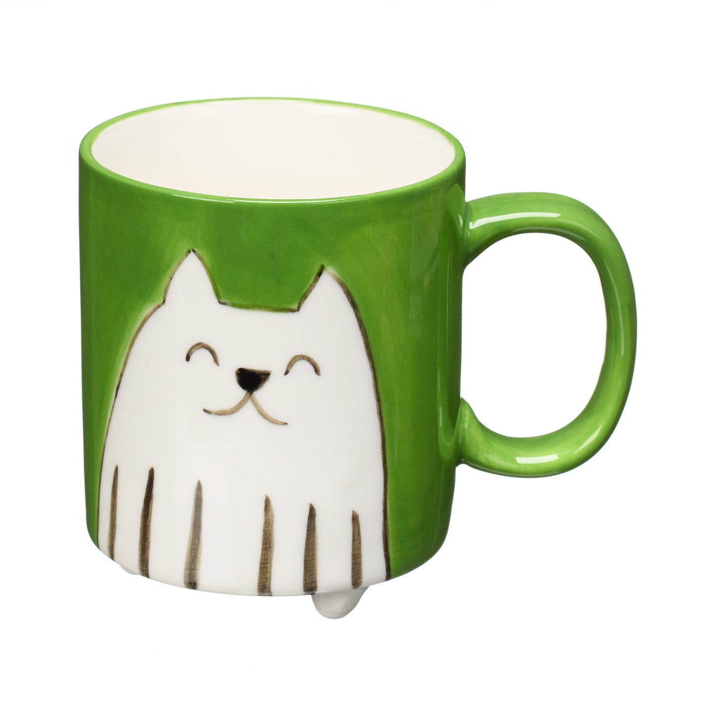 Green mug with cute white cat illustration