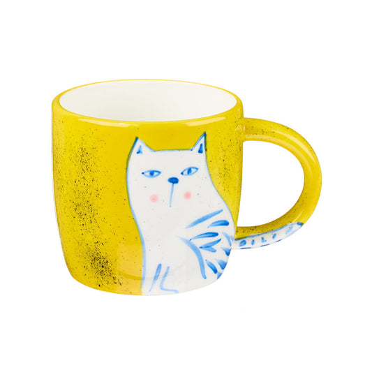 Handmade cat mug with blue paint splatter