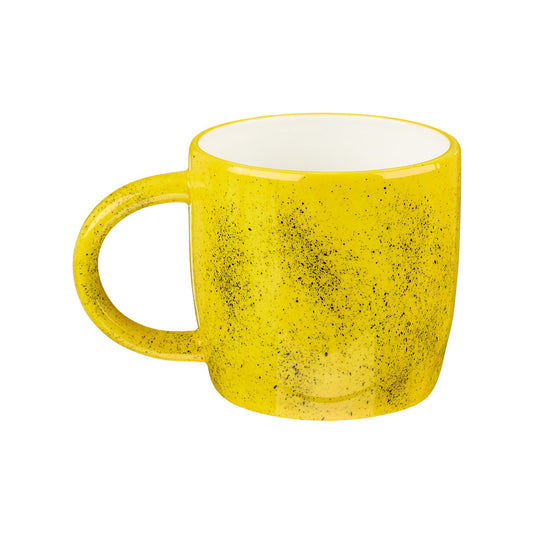 Handmade cat mug with blue paint splatter