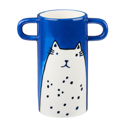Handpainted blue vase with cat illustration