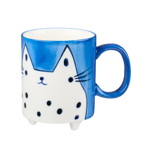 Hand painted blue mug with cat illustration