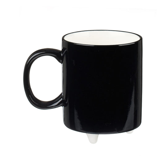 Hand painted black mug with cat illustration