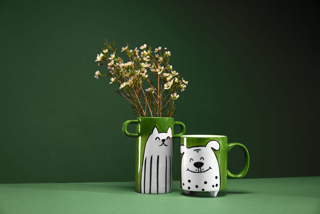 Handmade green vase with white cat illustration
