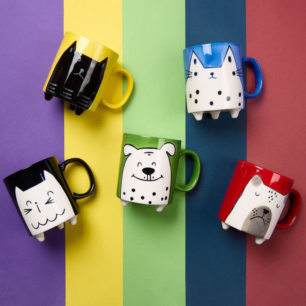 Hand painted blue mug with cat illustration
