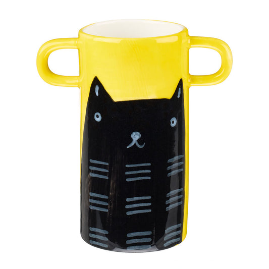 Handmade yellow vase with a black cat illustration
