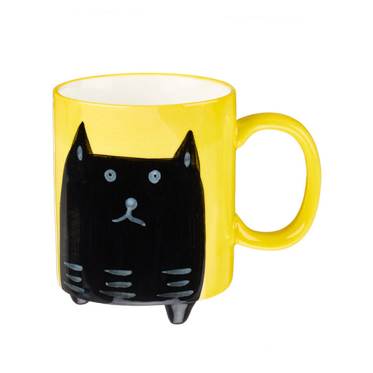 Hand painted yellow mug with black cat illustration