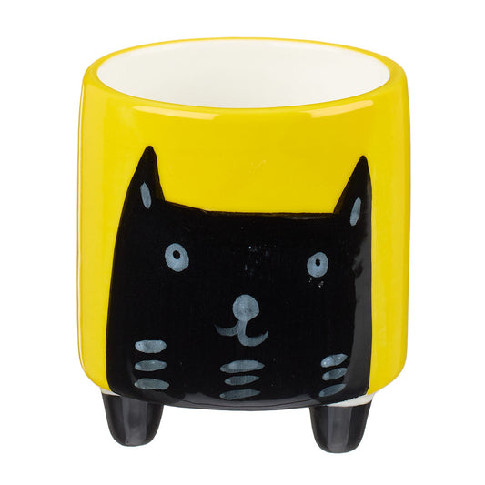 Small cermaic yellow planter with cat illustration