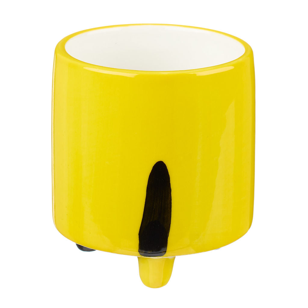 Small cermaic yellow planter with cat illustration
