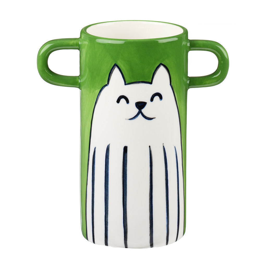 Handmade green vase with white cat illustration