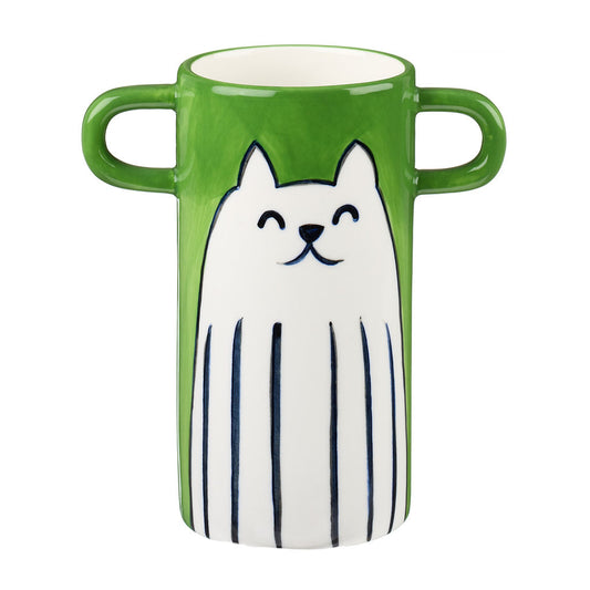 Handmade green vase with white cat illustration