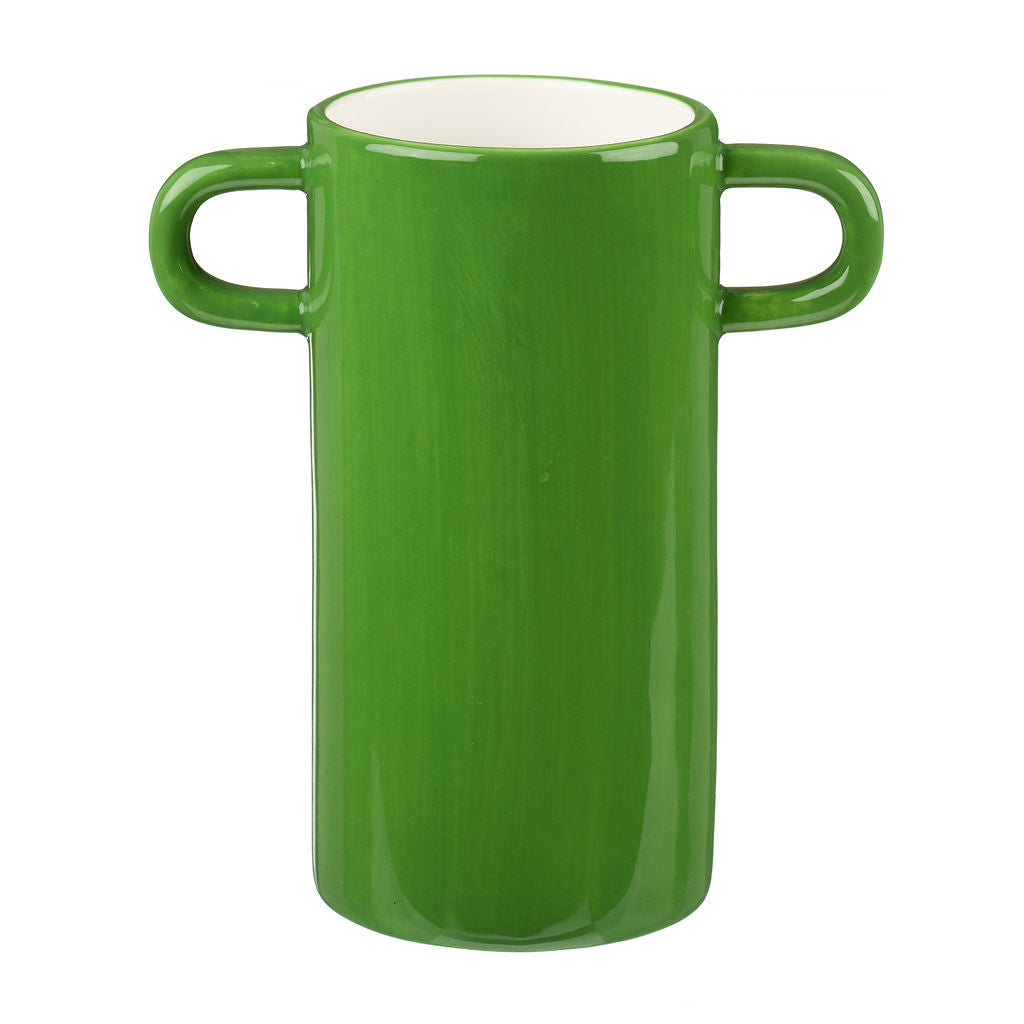 Handmade green vase with white cat illustration
