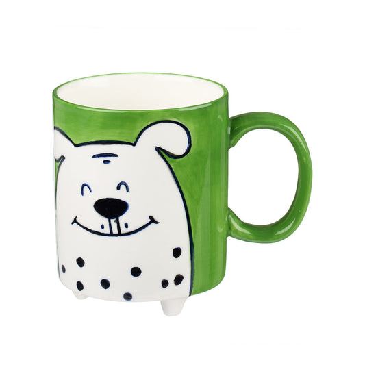 Hand painted green mug with dog illustration