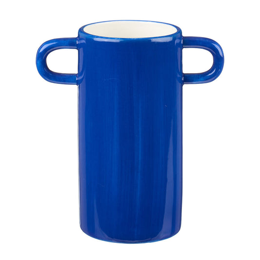 Handmade blue vase with cat illustration