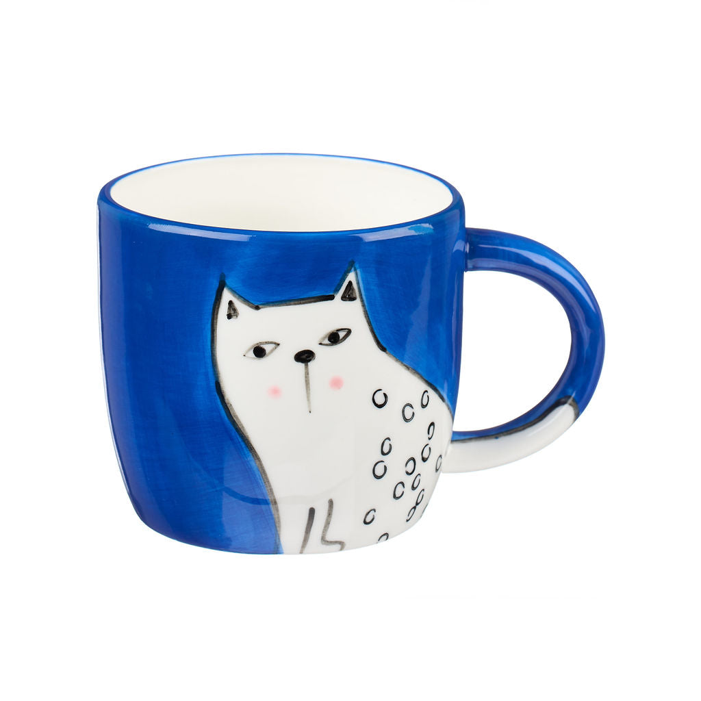 Handmade blue mug with white cat