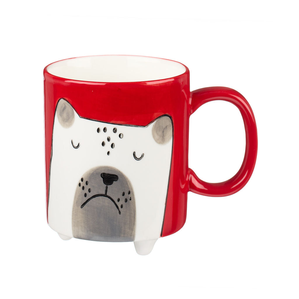 Hand painted red mug with dog illustration