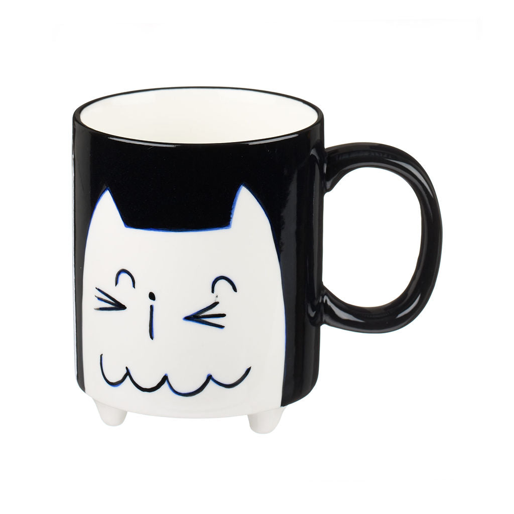 Hand painted black mug with cat illustration